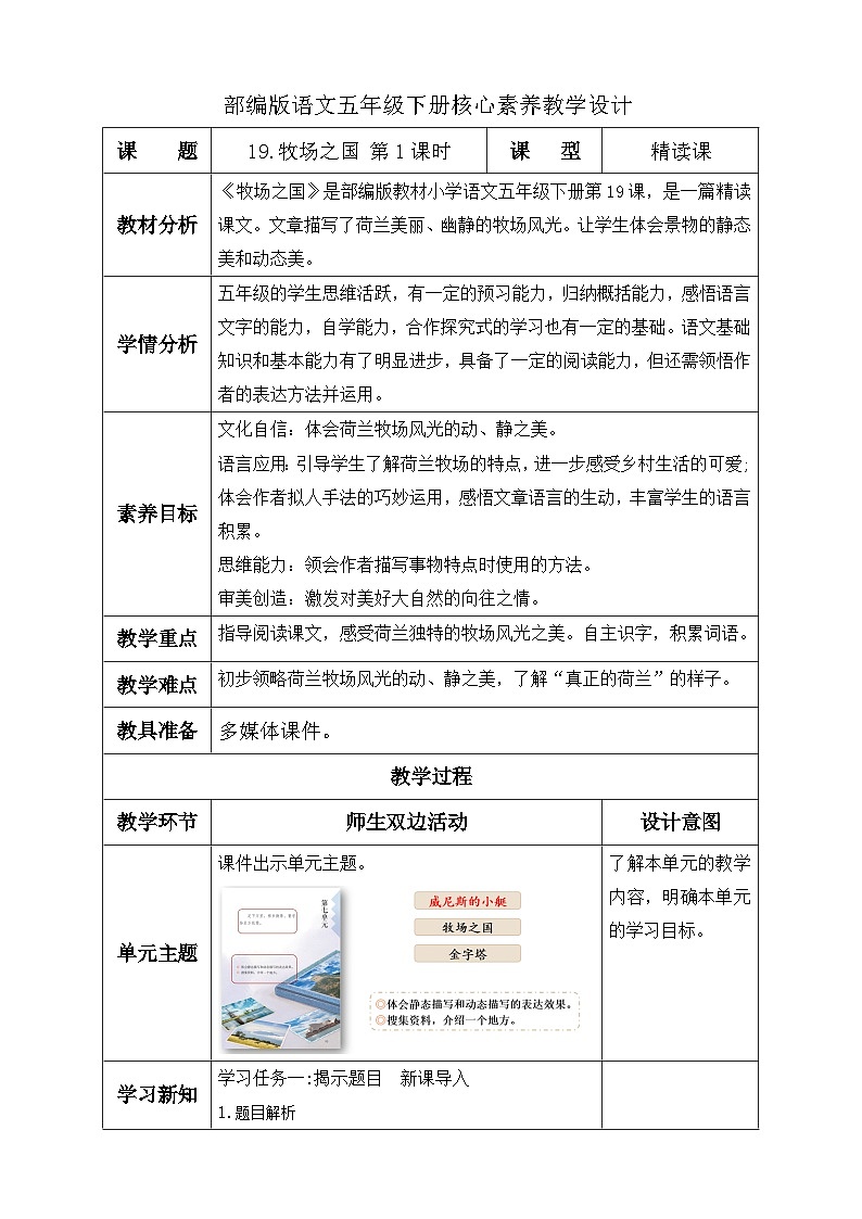 【核心素养】部编版语文五年级下册-19.牧场之国 第1课时（课件+教案+导学案+分层作业）01
