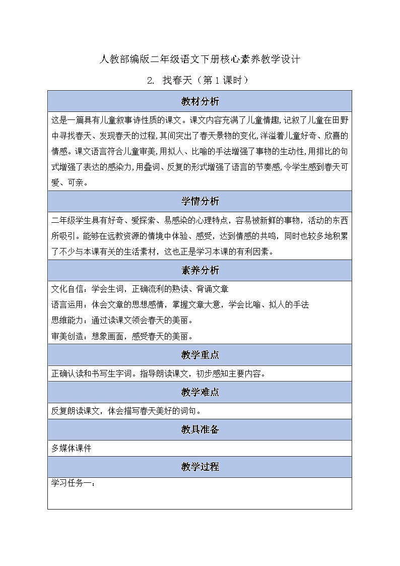【核心素养】部编版语文二年级下册-2. 找春天 第1课时（课件+教案+学案+习题）01