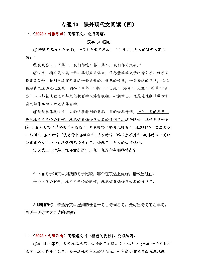 专题13+课外现代文阅读（四）-2024年小升初语文考点精准练（统编版）01