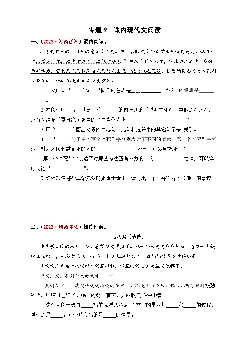 专题9+课内现代文阅读-2024年小升初语文考点精准练（统编版）第1页