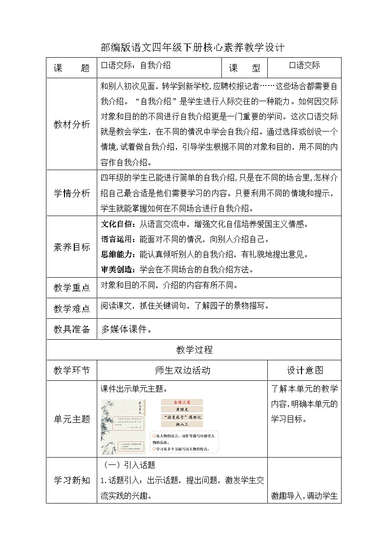 【核心素养】部编版语文四年级下册-第七单元口语交际：自我介绍（课件+教案+导学案+分层作业）01