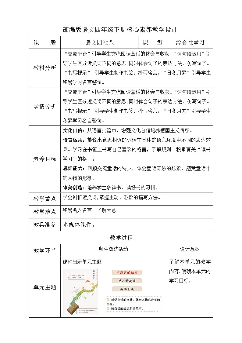 【核心素养】部编版语文四年级下册-语文园地八（课件+教案+导学案+分层作业）01