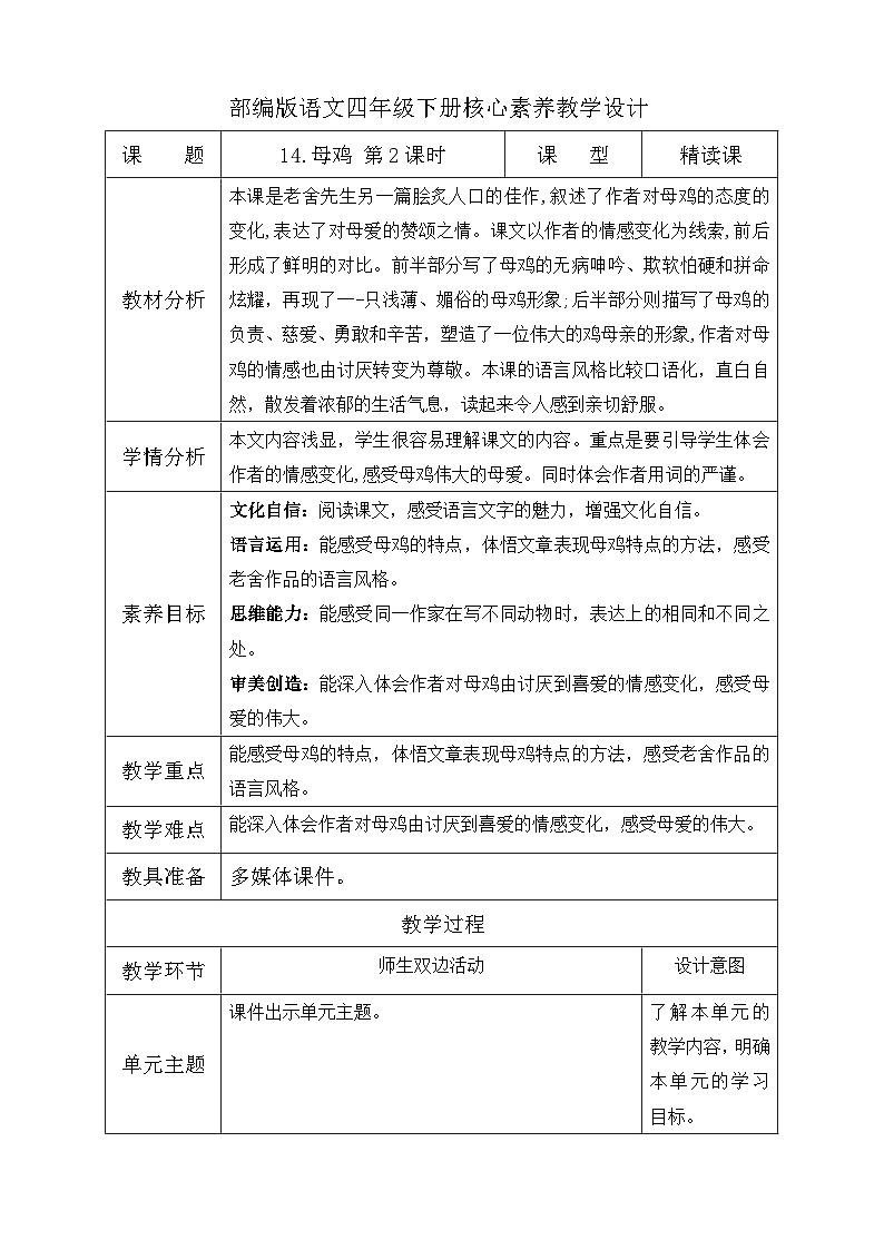 【核心素养】部编版语文四年级下册-14.母鸡 第2课时（课件+教案+导学案+分层作业）01