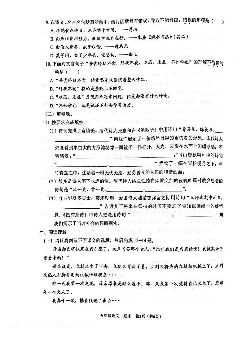 广东省深圳罗湖区2023-2024五年级上册语文期末试卷第3页