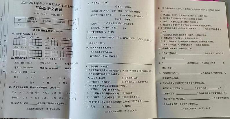 山东省临沂市临沭县青云镇庙庄小学2023-2024学年三年级上学期期末教学质量调查语文试题01