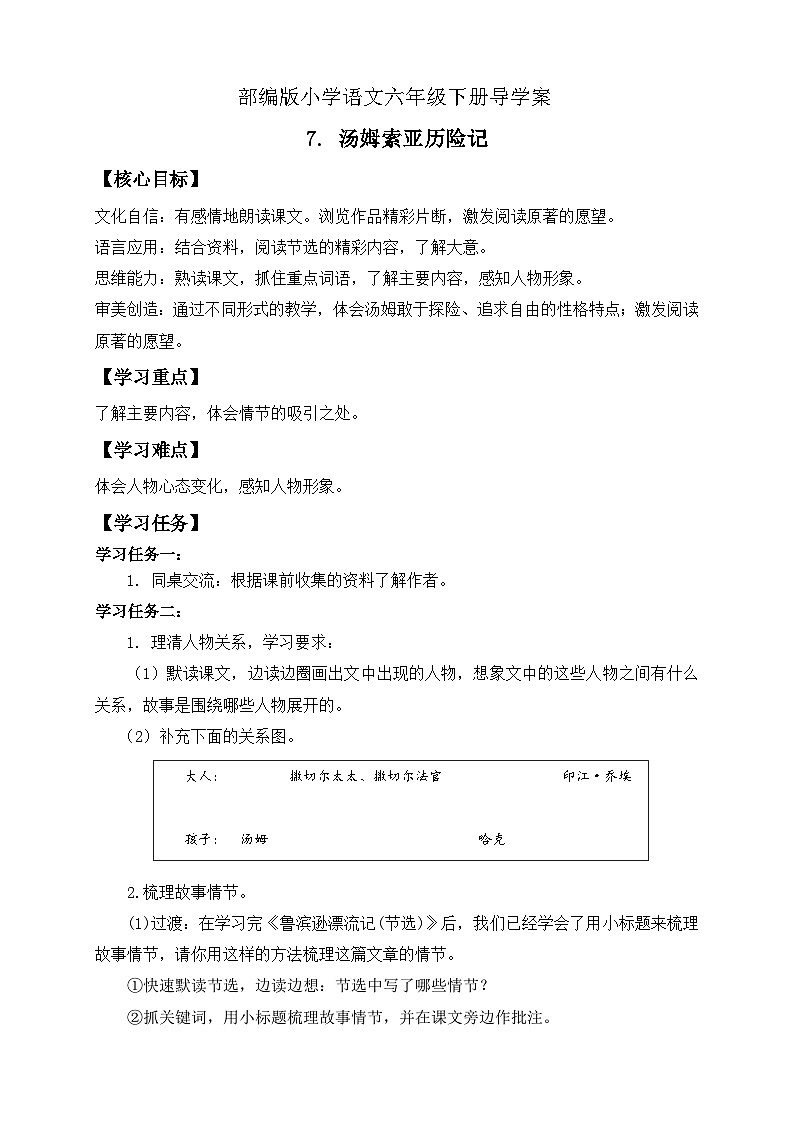 【核心素养】部编版语文六年级下册-7. 汤姆·索亚历险记（课件+教案+导学案+习题）01