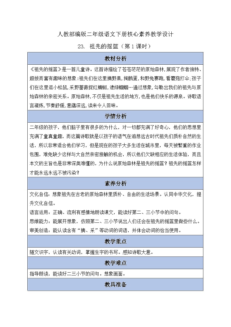 【核心素养】部编版语文二年级下册-23. 祖先的摇篮 第1课时（课件+教案+学案+习题）01