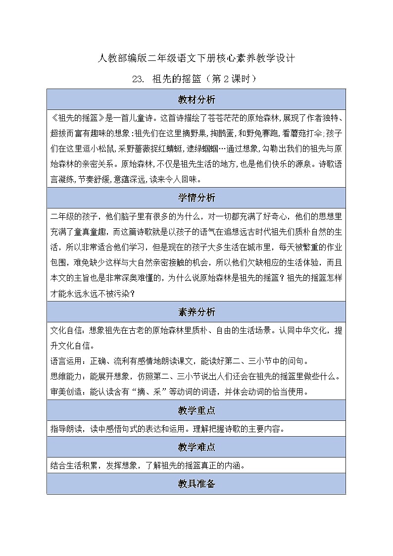 【核心素养】部编版语文二年级下册-23. 祖先的摇篮 第2课时（课件+教案+学案+习题）01