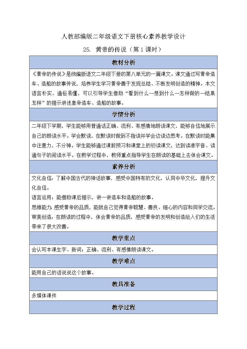 【核心素养】部编版语文二年级下册-25. 黄帝的传说 第1课时（课件+教案+学案+习题）01