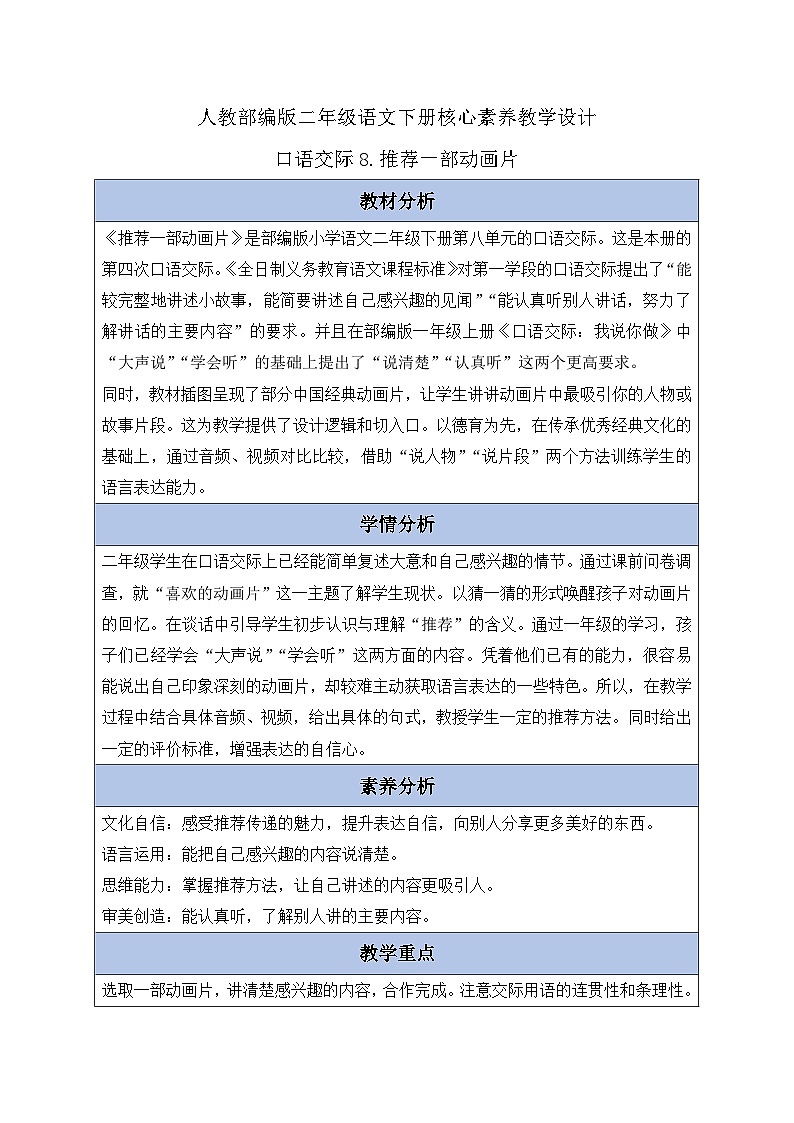 【核心素养】部编版语文二年级下册-口语交际：推荐一部动画片（课件+教案+学案+习题）01