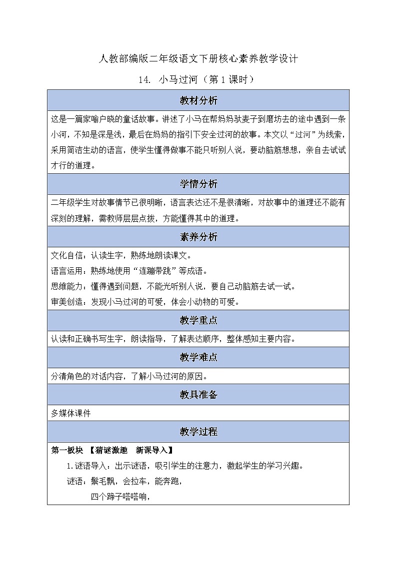 【核心素养】部编版语文二年级下册-14. 小马过河 第1课时（课件+教案+学案+习题）01