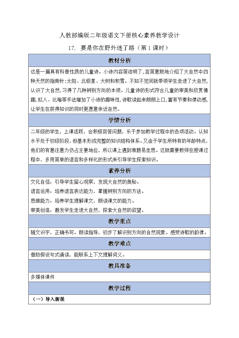 【核心素养】部编版语文二年级下册-17. 要是你在野外迷了路 第1课时（课件+教案+学案+习题）01