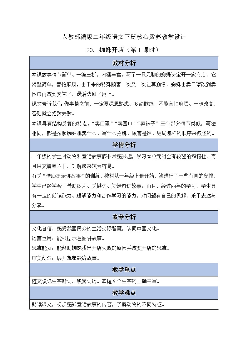 【核心素养】部编版语文二年级下册-20. 蜘蛛开店 第1课时（课件+教案+学案+习题）01
