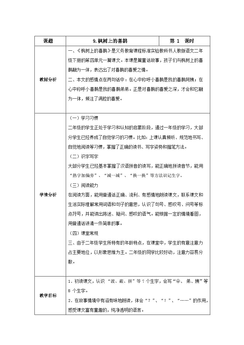 部编版语文二年级下册 9枫树上的喜鹊 教学设计（第一课时）第1页