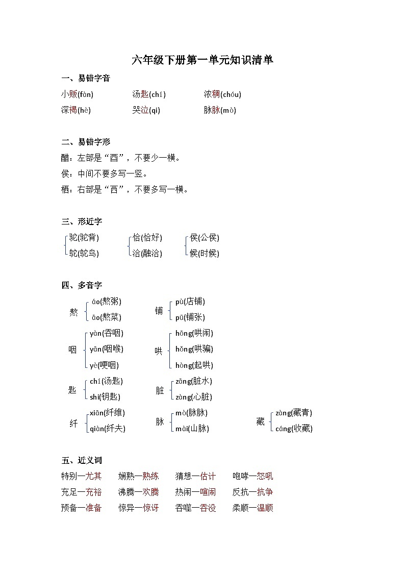 第一单元（知识清单）2023-2024学年统编版语文六年级下册第1页