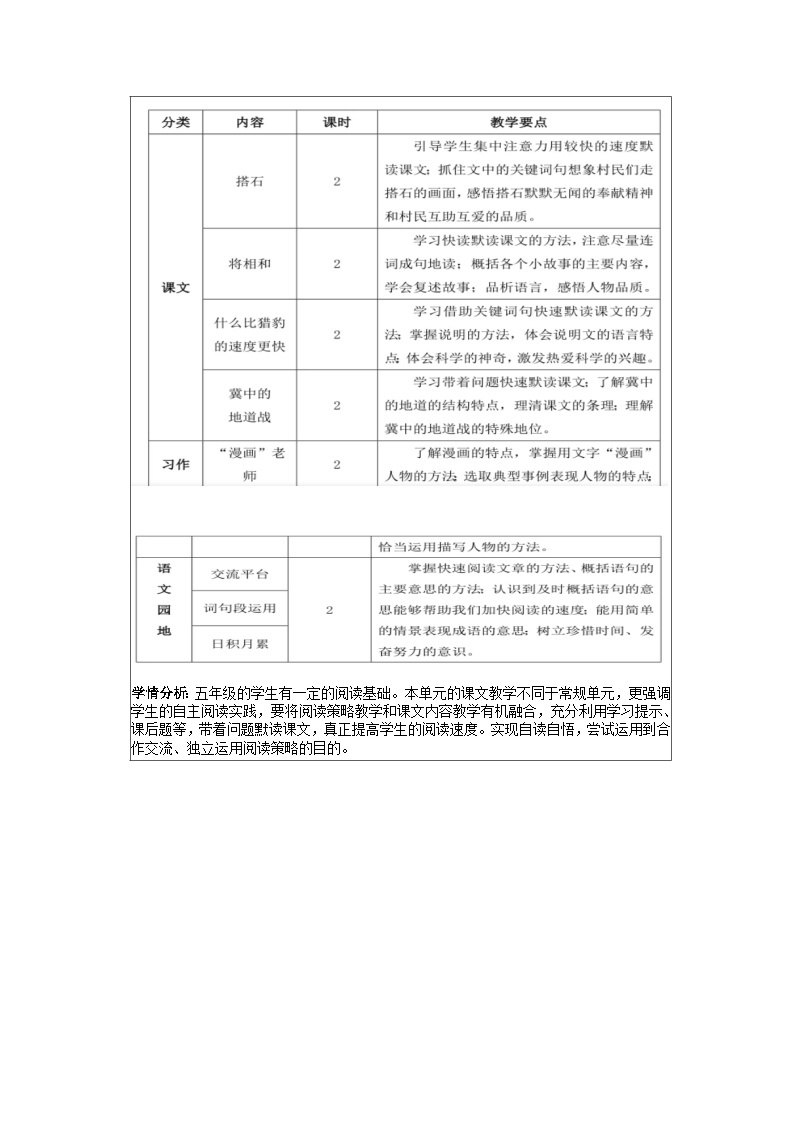 部编版五年级上册语文第二单元 单元+课时教学设计02