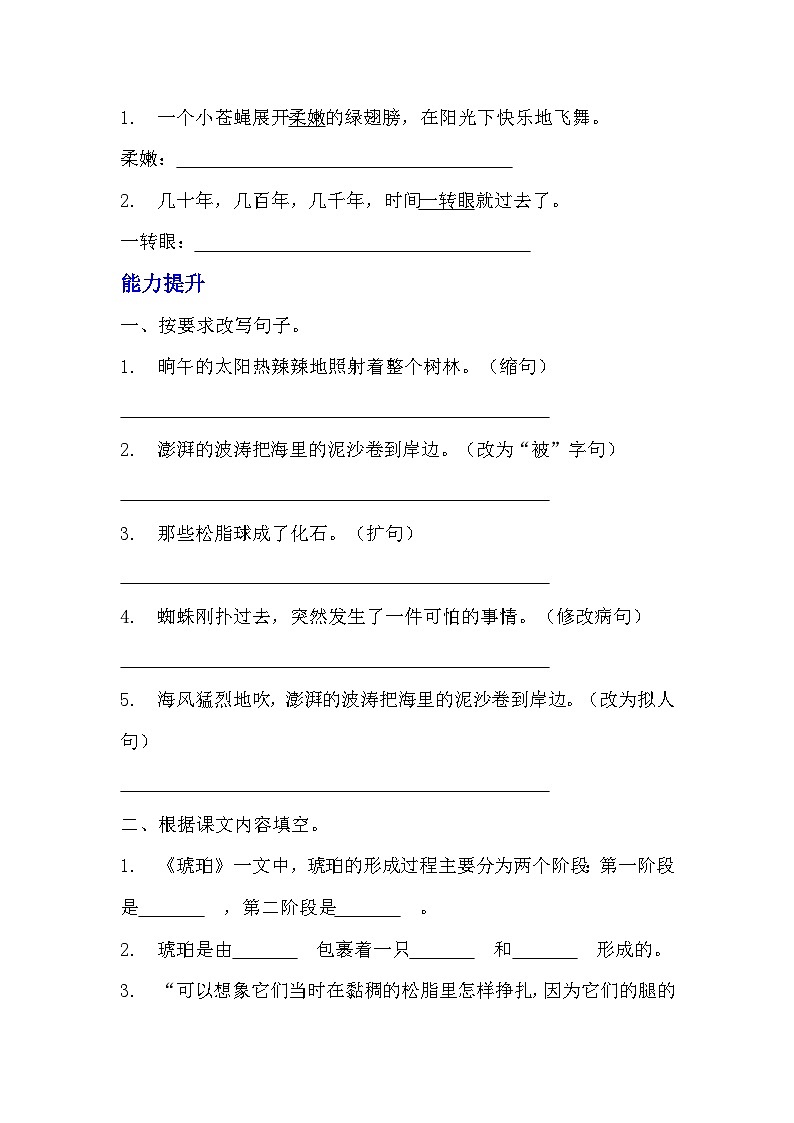 部编版四年级下册语文《琥珀》的分层作业  分层同步练习题02