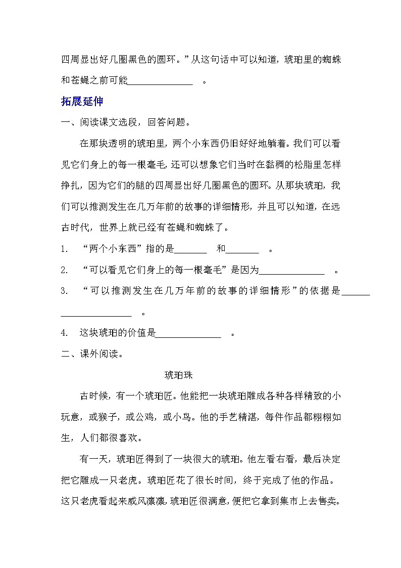 部编版四年级下册语文《琥珀》的分层作业  分层同步练习题03