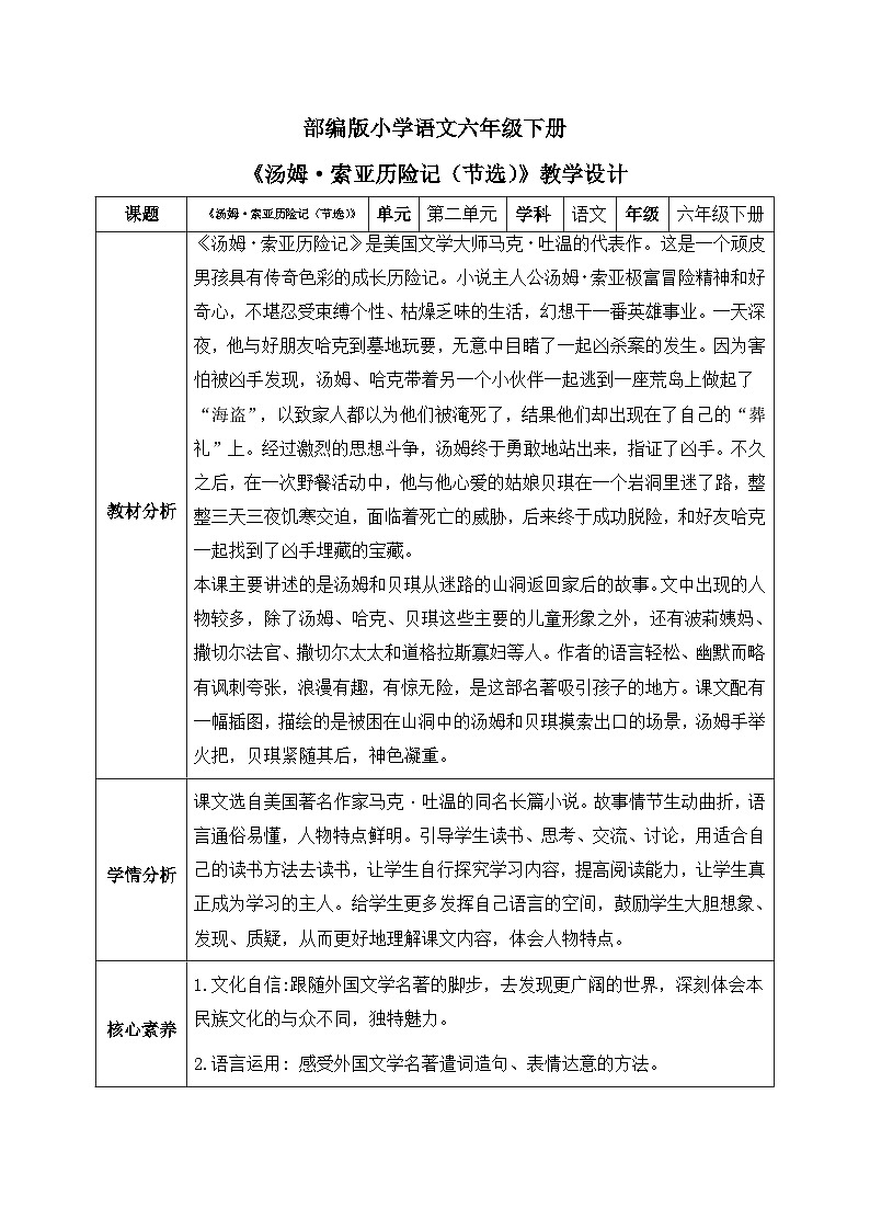 【核心素养】部编版小学语文六年级下册7《汤姆·索亚历险记（节选）》 课件+教案（含教学反思）01