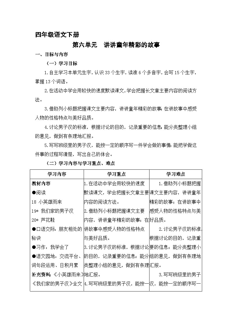 第六单元  讲讲童年精彩的故事【大单元任务群教学设计】2023-2024学年四年级下册语文统编版第1页