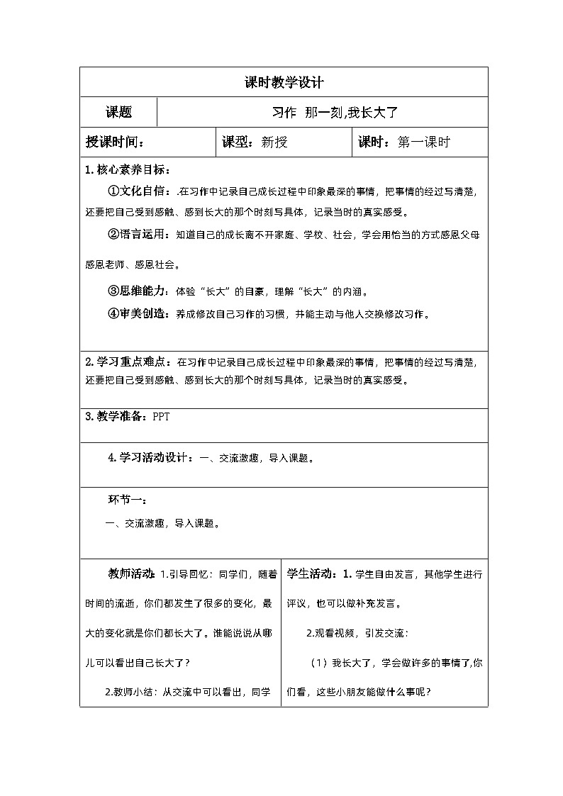 【核心素养】部编版语文5下 习作：那一刻,我长大了（教案）第1页