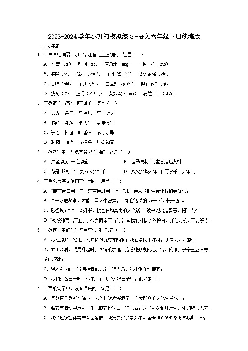 22，小升初模拟练习卷-2023-2024学年语文六年级下册统编版第1页