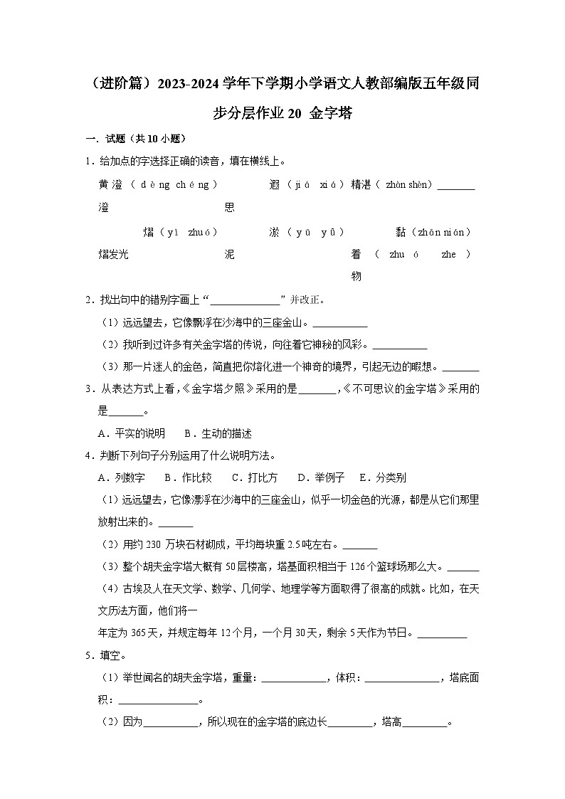 20 金字塔  （进阶篇）2023-2024学年下学期小学语文人教部编版五年级同步分层作业01