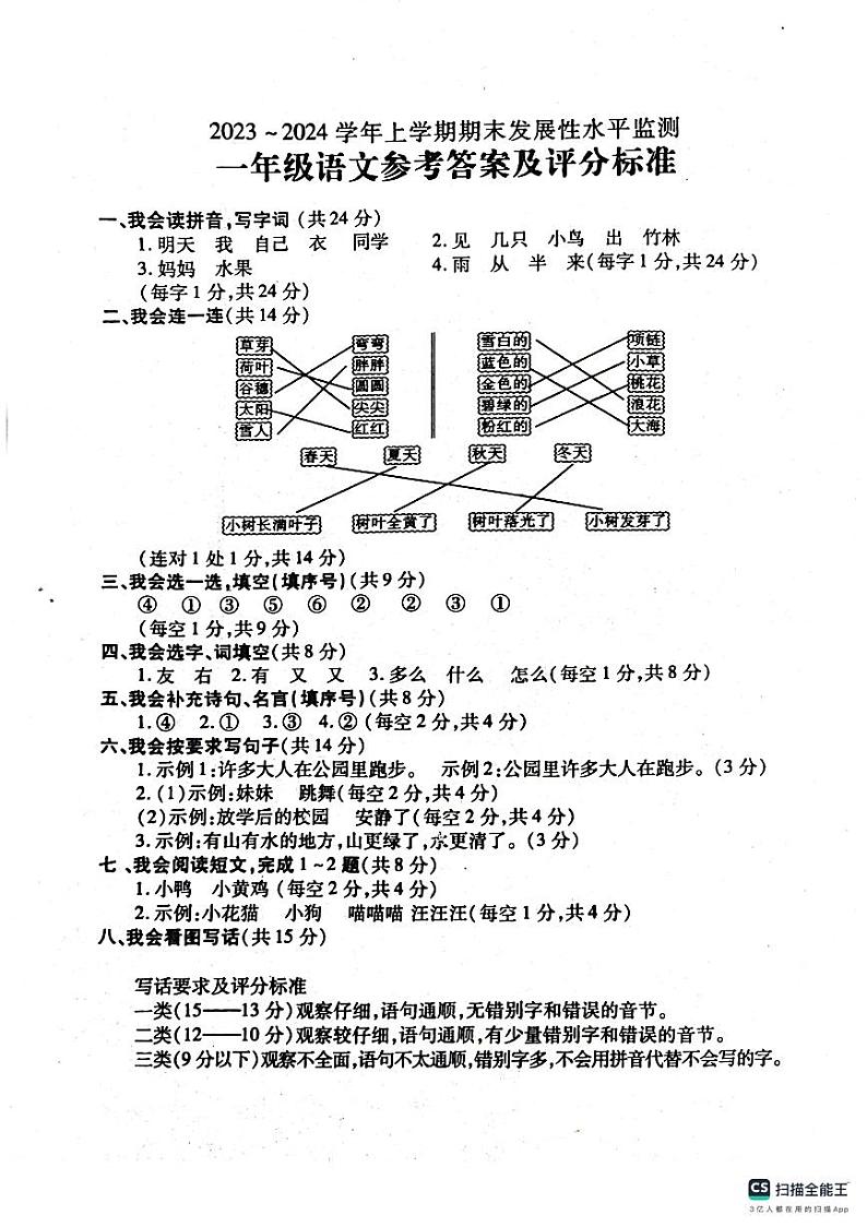 河南省漯河市舞阳县2023-2024学年一年级上学期期末考试语文试题第1页