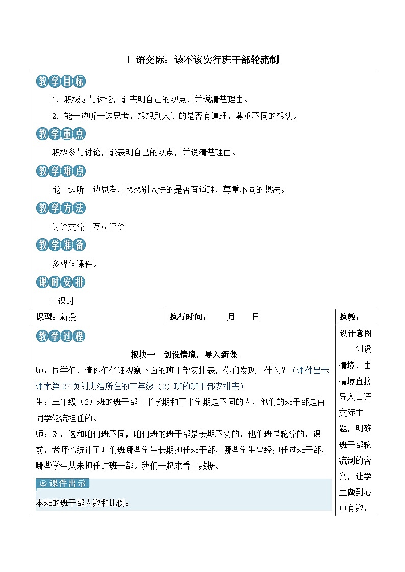 第二单元 口语交际：该不该实行班干部轮流制 课件+教案+学习单01