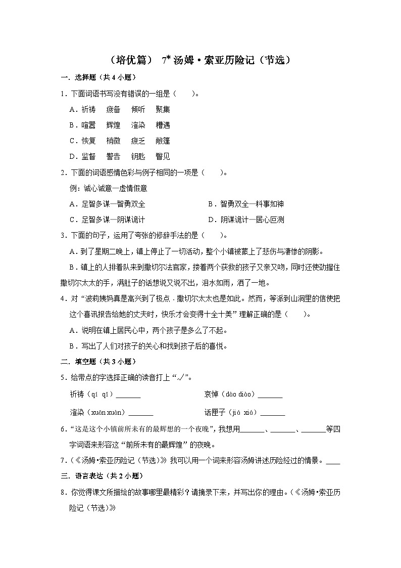 （培优篇）人教部编版六下语文7《汤姆·索亚历险记（节选）》同步分层作业第1页