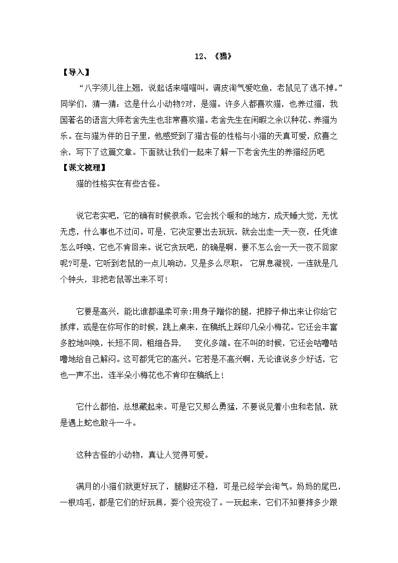 13《猫》知识点总结+练习-2023-2024学年的下半学期语文+四年级下册（统编版）01