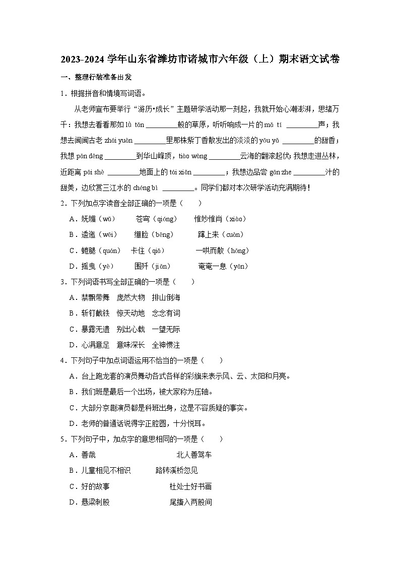 20，山东省潍坊市诸城市2023-2024学年六年级上学期期末语文试卷01