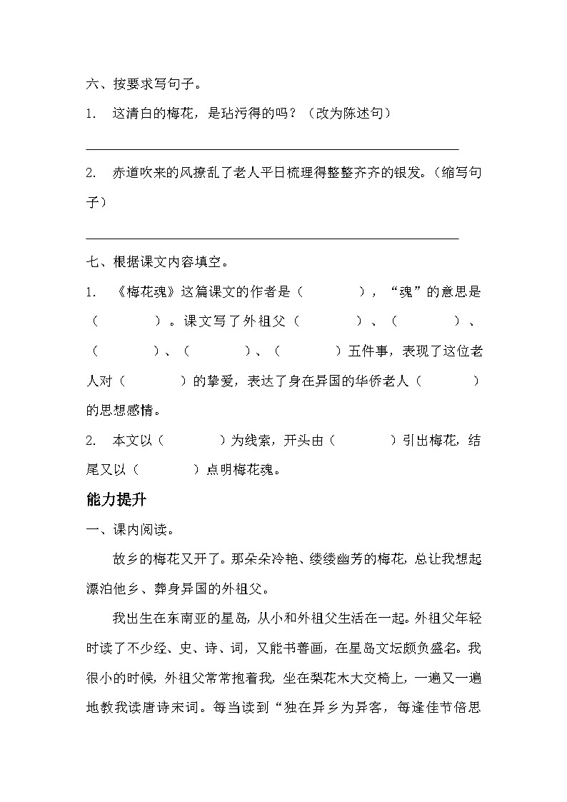 部编版五年级下册语文第四课《梅花魂》分层作业  分层同步练习题（含答案） (1)第2页