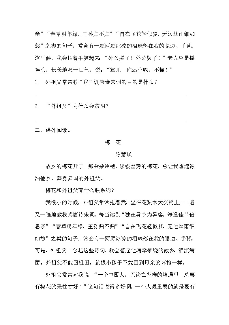 部编版五年级下册语文第四课《梅花魂》分层作业  分层同步练习题（含答案） (1)第3页