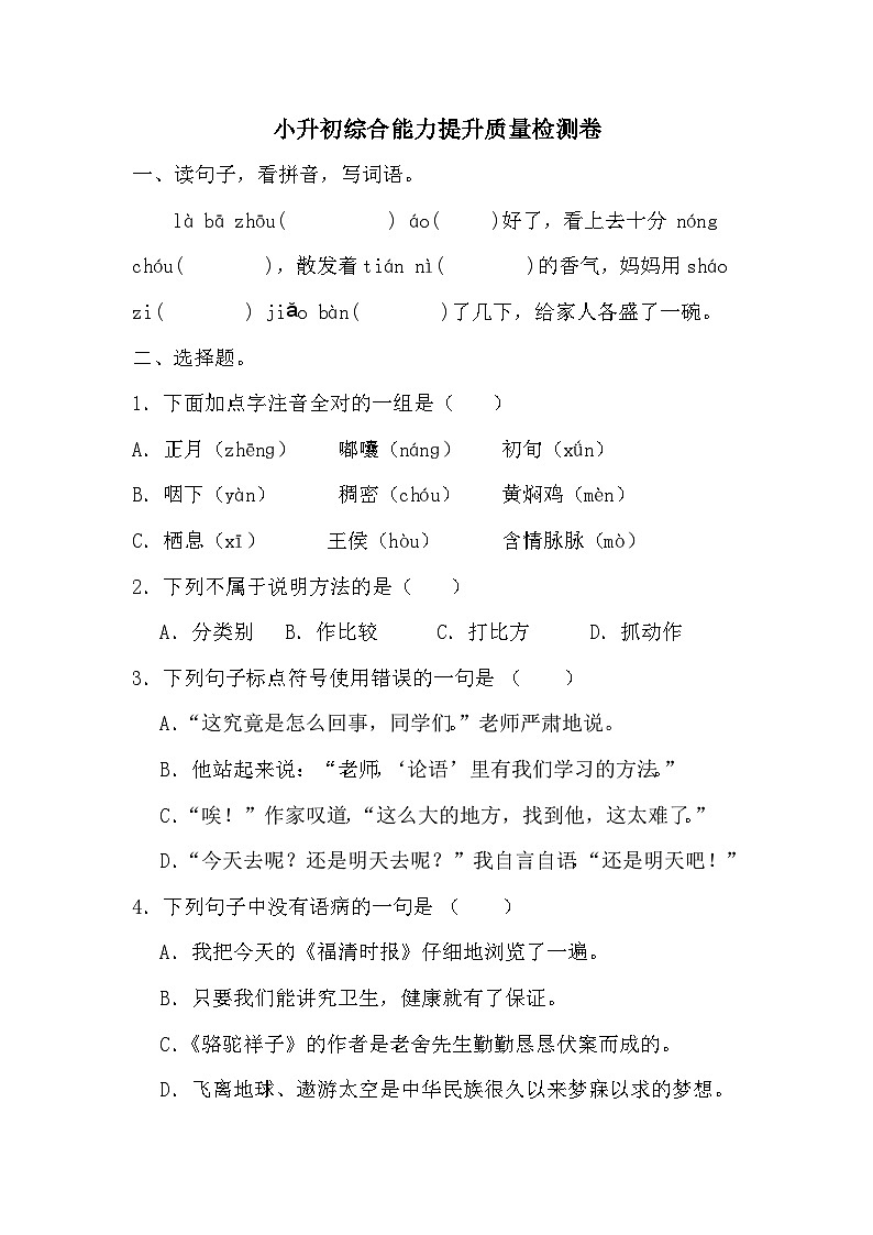 小升初综合能力提升质量检测卷（六）-2023-2024学年语文六年级下册统编版第1页