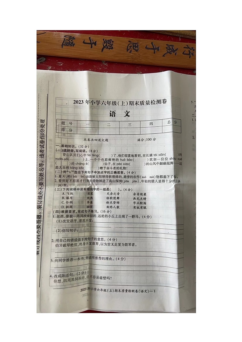 湖南省邵阳市新宁县2023-2024学年六年级上学期期末语文试题01