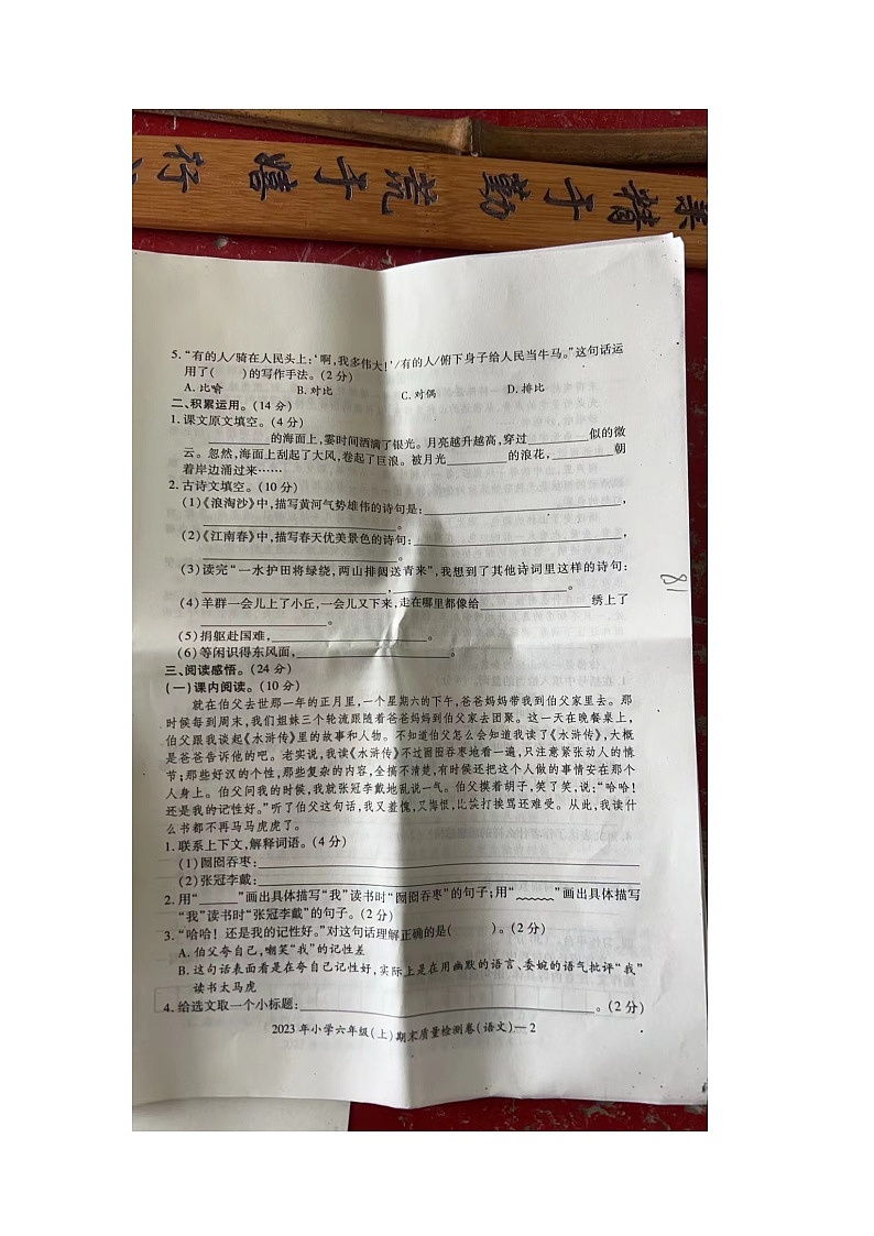 湖南省邵阳市新宁县2023-2024学年六年级上学期期末语文试题02