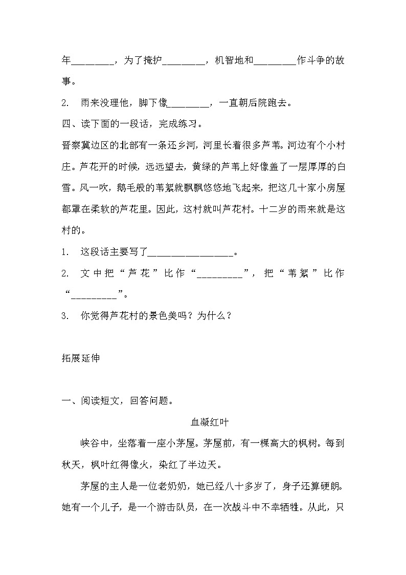 部编版四年级下册语文《小英雄雨来（节选）》的分层作业  分层同步练习题203
