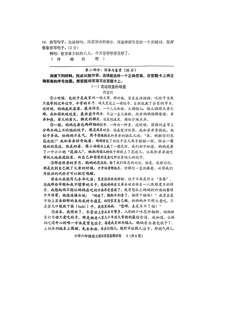 福建省龙岩市新罗区2022-2023学年六年级下学期期末综合实践练习语文试卷第3页