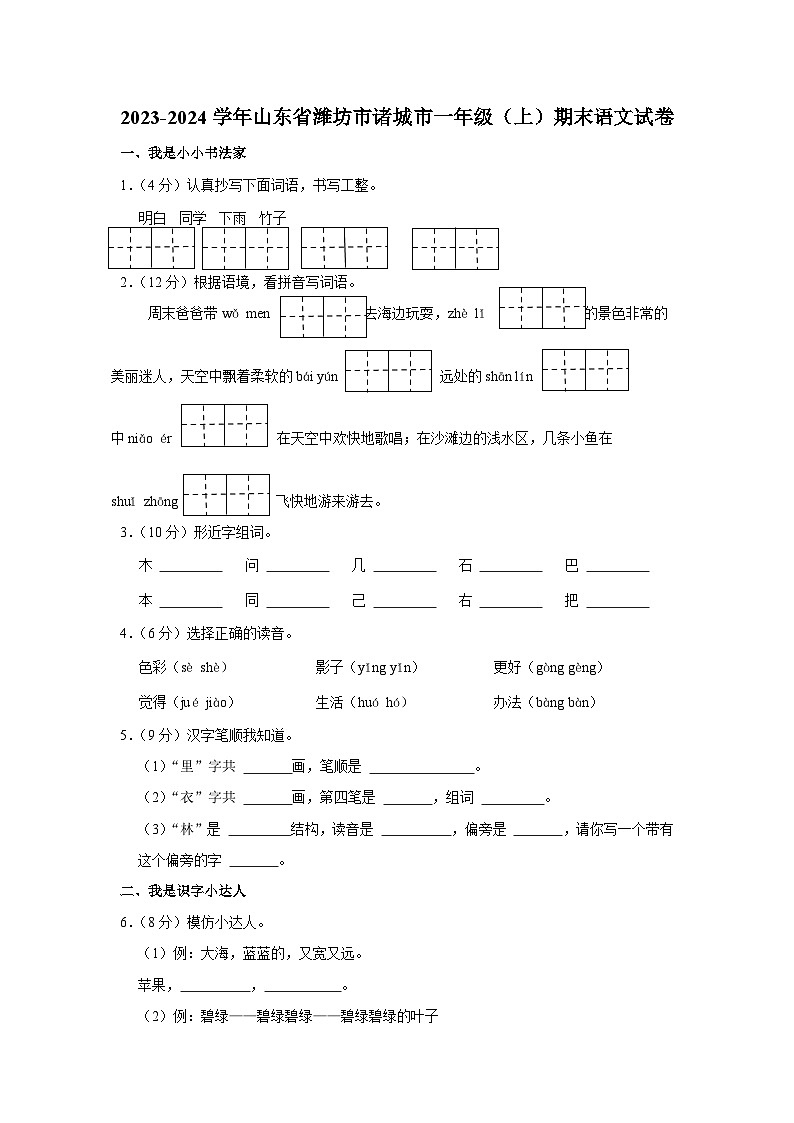 山东省潍坊市诸城市2023-2024学年一年级上学期1月期末语文试题01