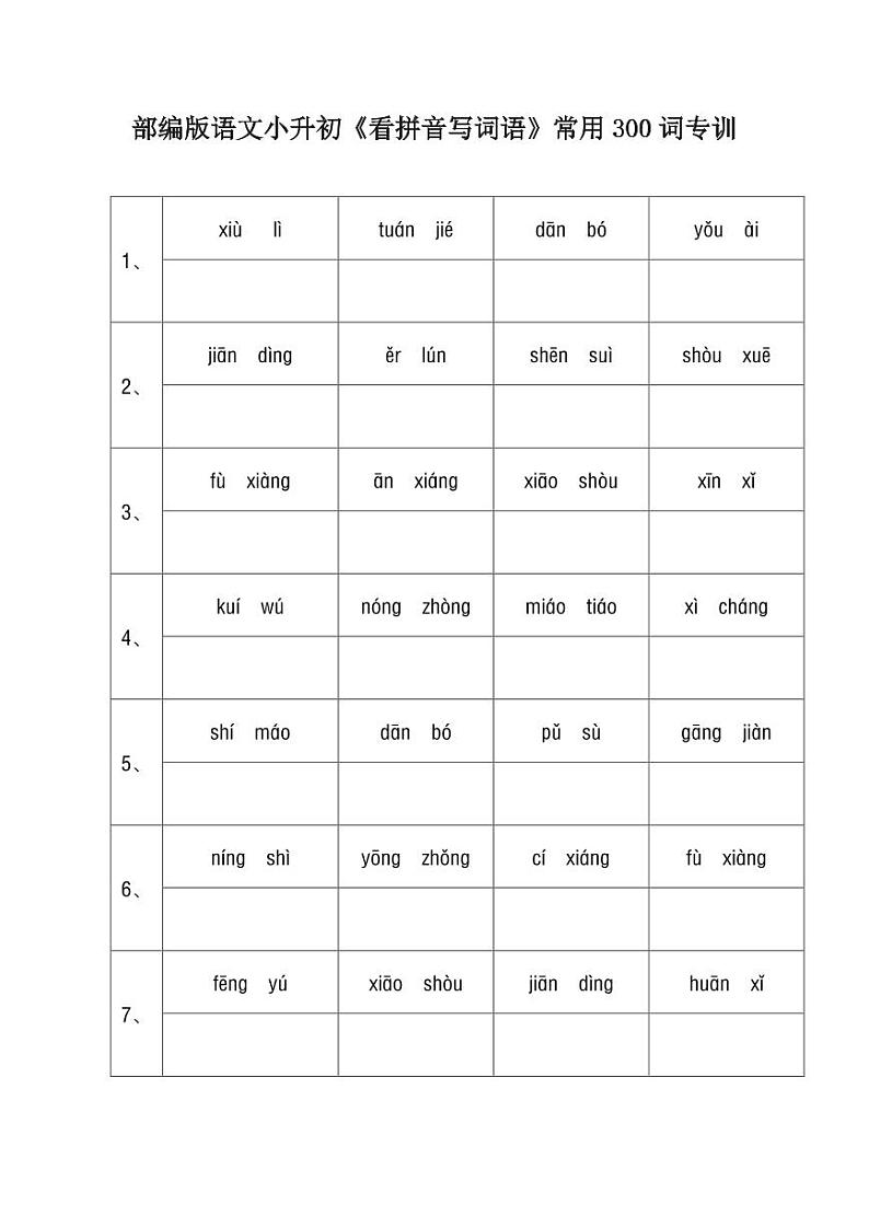 【精品】部编版语文小升初《看拼音写词语》常用300词专项训练含答案第1页