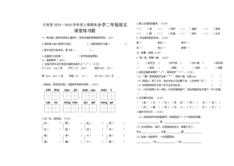 四川省凉山州宁南县2023-2024学年二年级上学期期末考试语文试题01
