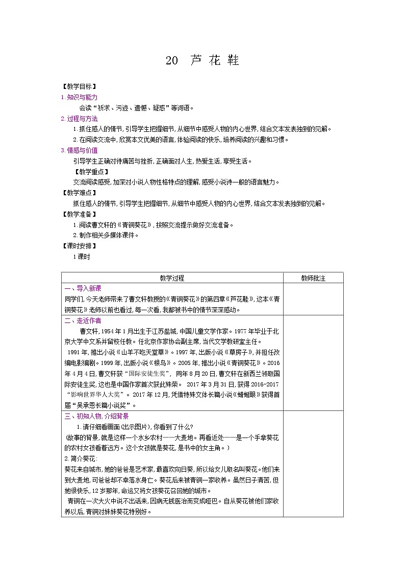 部编版（五四制）四下 20 芦花鞋教案01