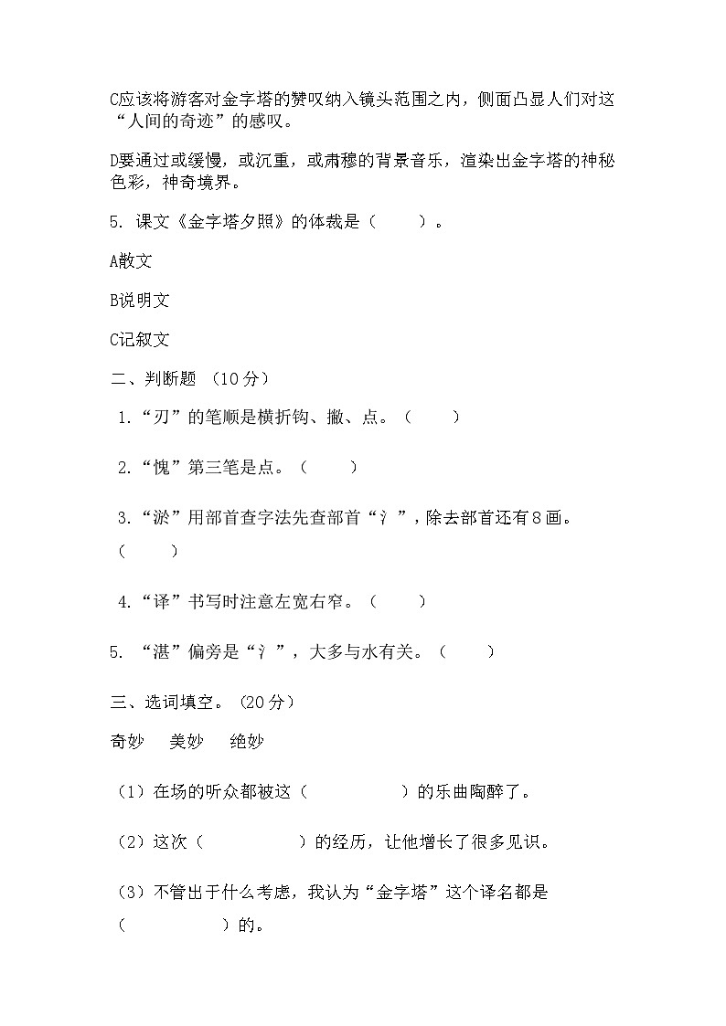 20《金字塔》（同步练习）部编版语文五年级下册第2页