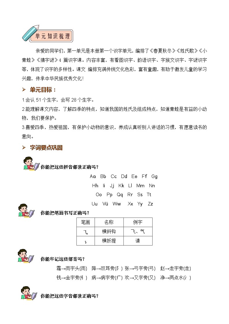 第一单元 知识清单-2023-2024学年语文一年级下册单元速记·巧练系列（统编版）02