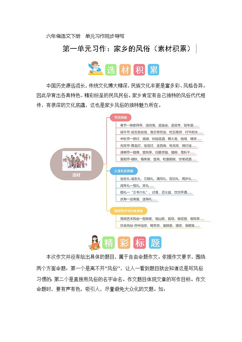 第一单元习作：家乡的风俗（素材积累）-2023-2024学年六年级语文下册单元作文能力提升（统编版）第1页
