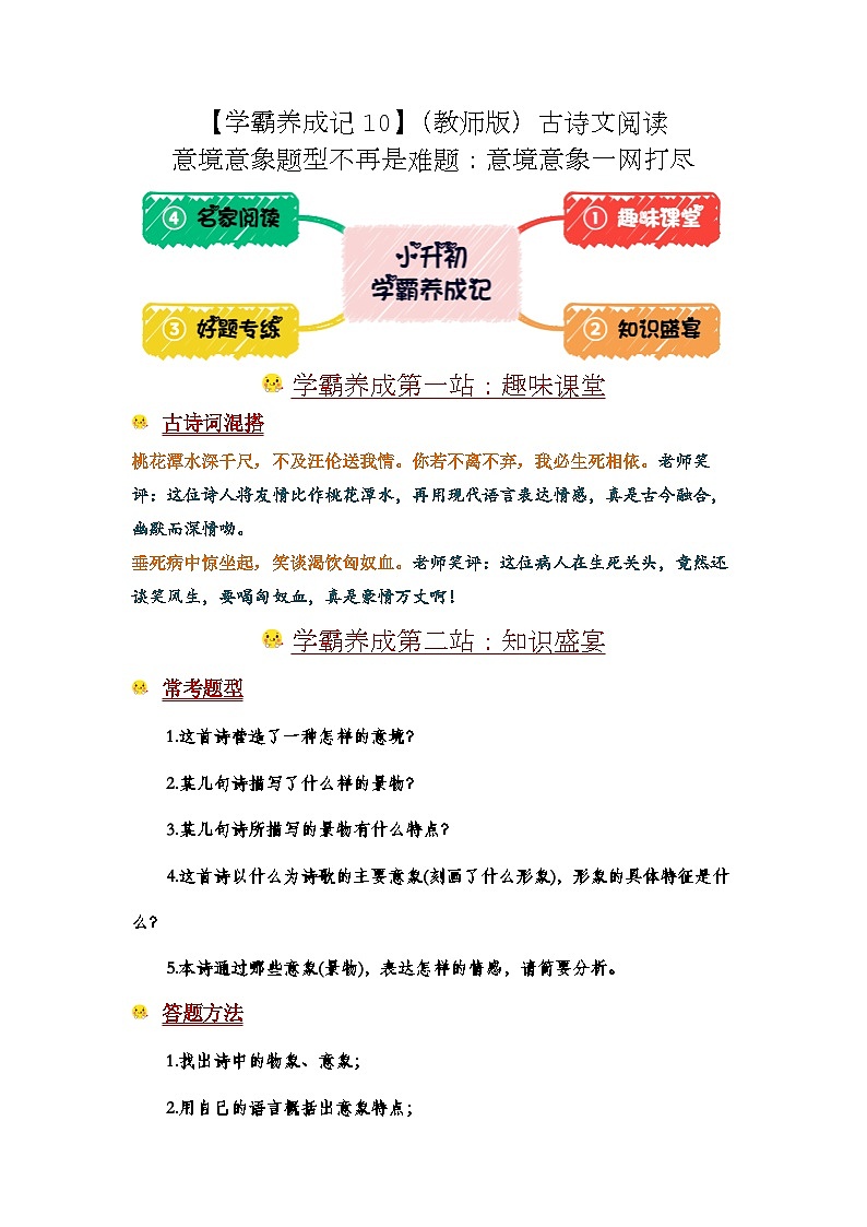 【学霸养成记10】古诗文阅读的意境意象题型不再是难题：意境意象一网打尽-2024年小升初备考第一站（教师版）第1页