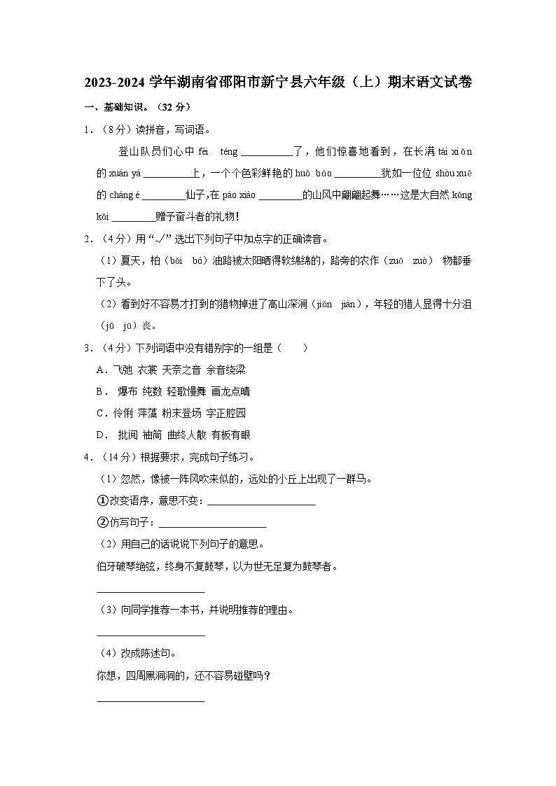 2023-2024学年湖南省邵阳市新宁县六年级上学期期末语文试卷（含答案）01