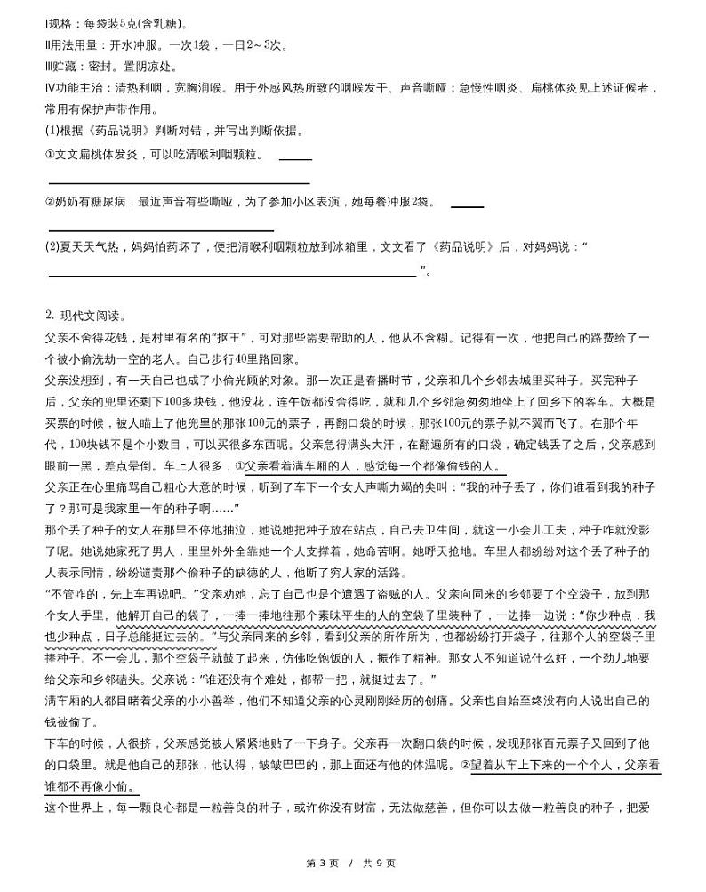 江西省九江市小升初语文试卷（含详细解析）第3页