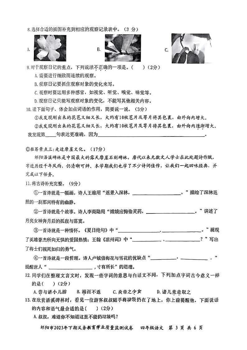 湖南省永州市祁阳市20223-2024学年四年级上学期期末义务教育学业质量检测语文试卷03